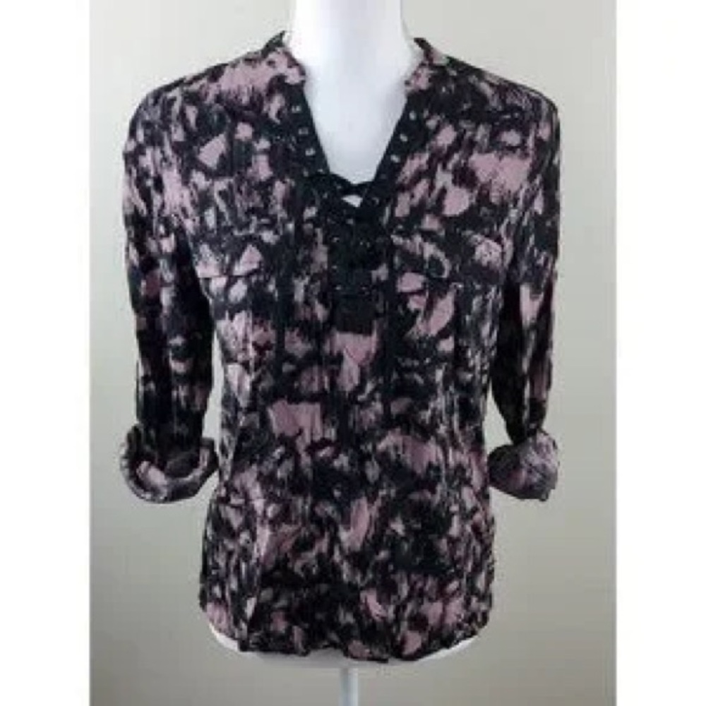 (B5) Rock &‎ Republic Purple Black Tie Dye Lace Up Blouse Roll Tab Sleeve S